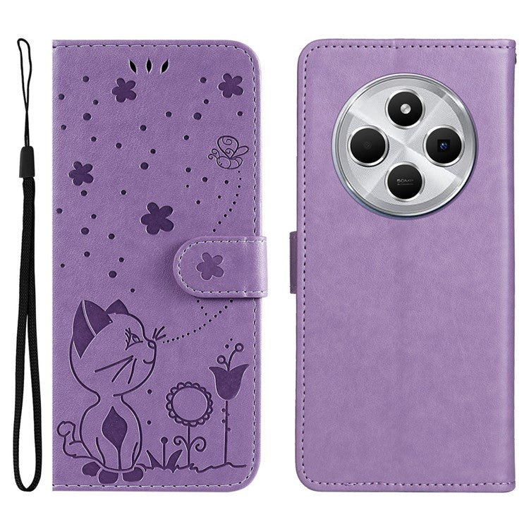 KT Imprinting Flower Series-4 For Xiaomi Poco C75 4G / Redmi 14R 5G / 14C 4G Case Cat Bee Pattern Leather Phone Cover - Purple