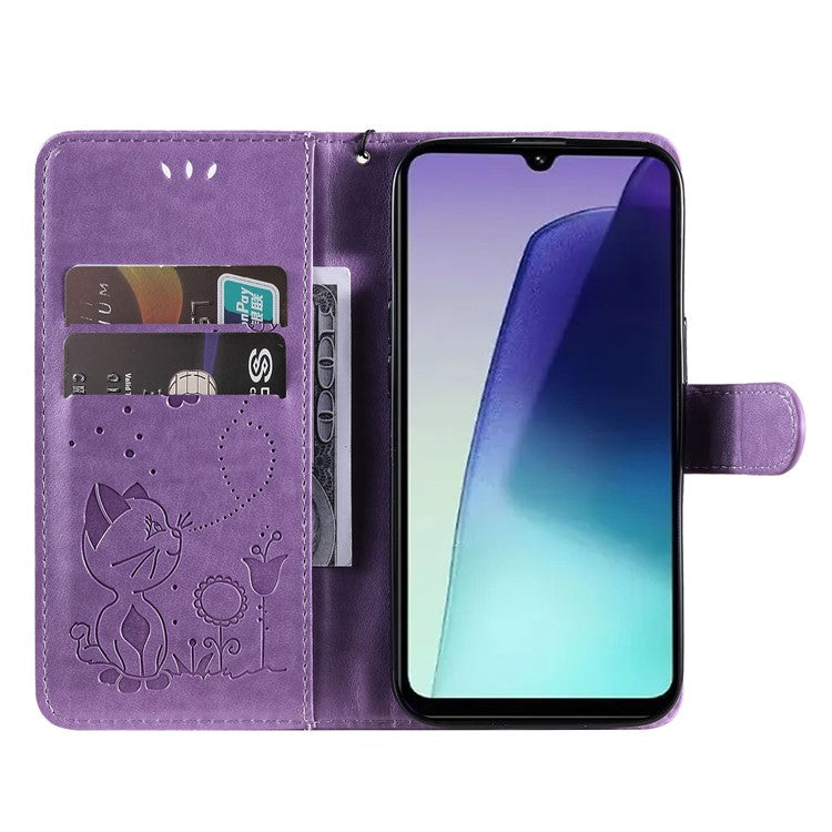 KT Imprinting Flower Series-4 For Xiaomi Poco C75 4G / Redmi 14R 5G / 14C 4G Case Cat Bee Pattern Leather Phone Cover - Purple