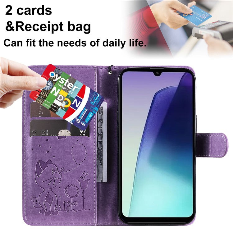 KT Imprinting Flower Series-4 For Xiaomi Poco C75 4G / Redmi 14R 5G / 14C 4G Case Cat Bee Pattern Leather Phone Cover - Purple