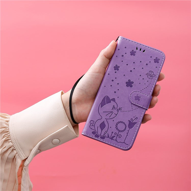 KT Imprinting Flower Series-4 For Xiaomi Poco C75 4G / Redmi 14R 5G / 14C 4G Case Cat Bee Pattern Leather Phone Cover - Purple