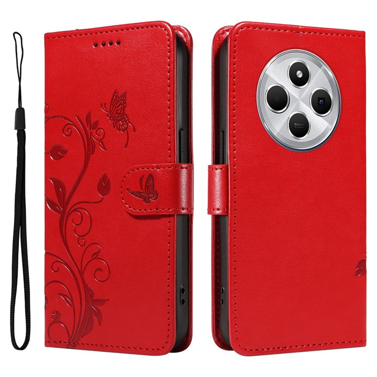 For Xiaomi Redmi 14C 4G Case Flower Pattern PU Leather Wallet Phone Cover - Red