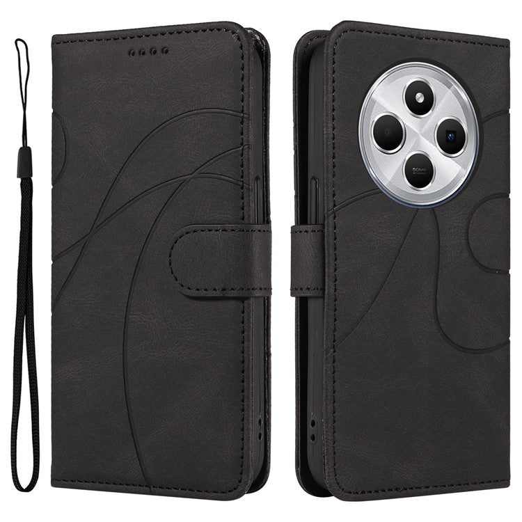 For Xiaomi Redmi 14C 4G Case Stand Wallet Leather Phone Cover Curved Line Wrist Strap - Black