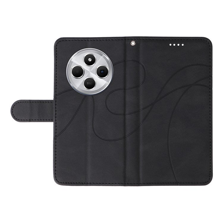 For Xiaomi Redmi 14C 4G Case Stand Wallet Leather Phone Cover Curved Line Wrist Strap - Black