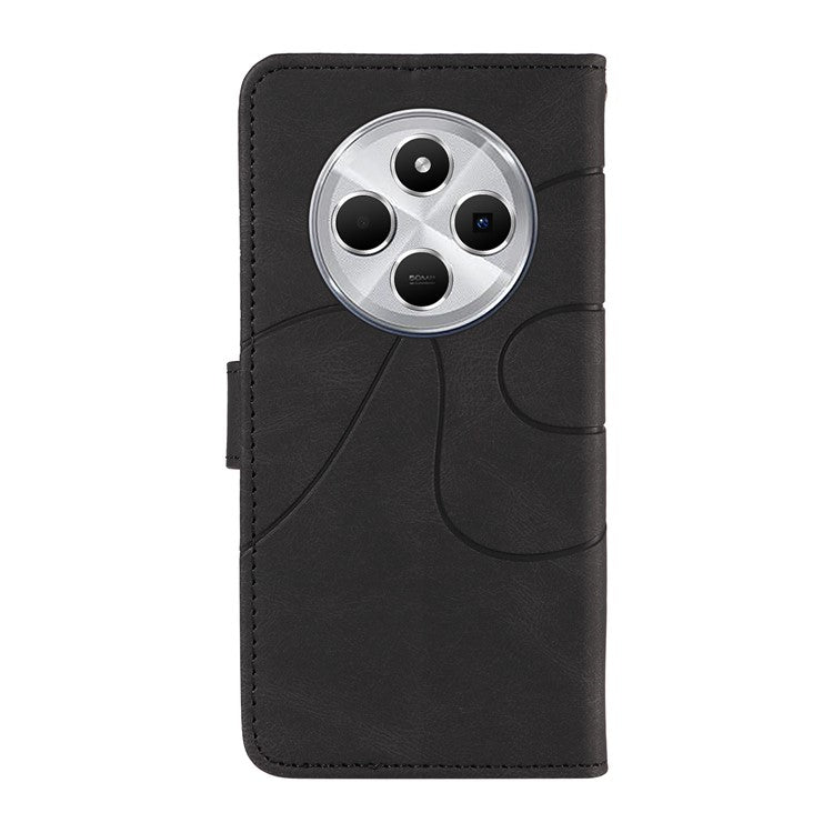 For Xiaomi Redmi 14C 4G Case Stand Wallet Leather Phone Cover Curved Line Wrist Strap - Black