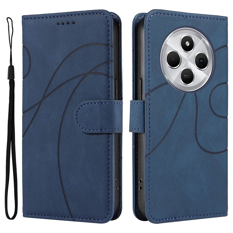 For Xiaomi Redmi 14C 4G Case Stand Wallet Leather Phone Cover Curved Line Wrist Strap - Blue