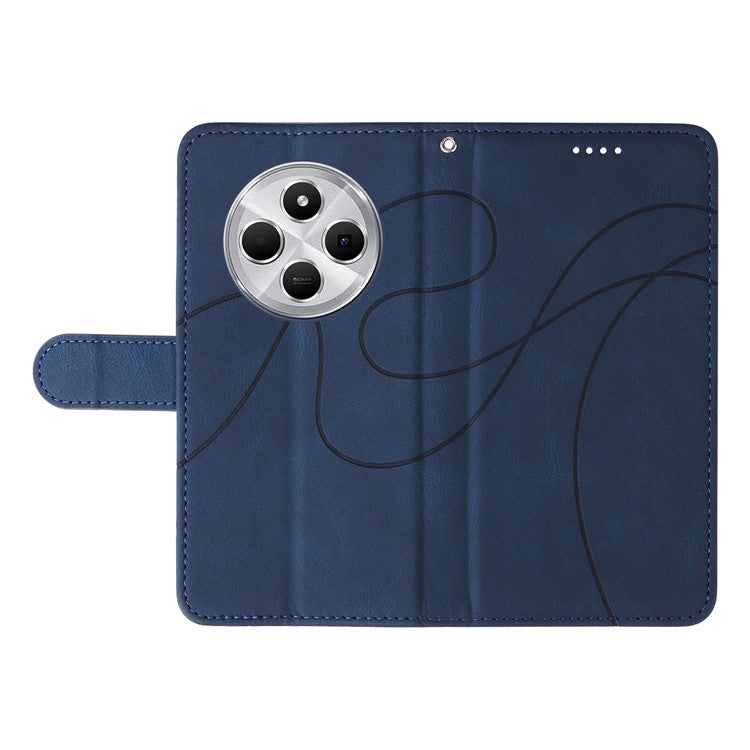 For Xiaomi Redmi 14C 4G Case Stand Wallet Leather Phone Cover Curved Line Wrist Strap - Blue