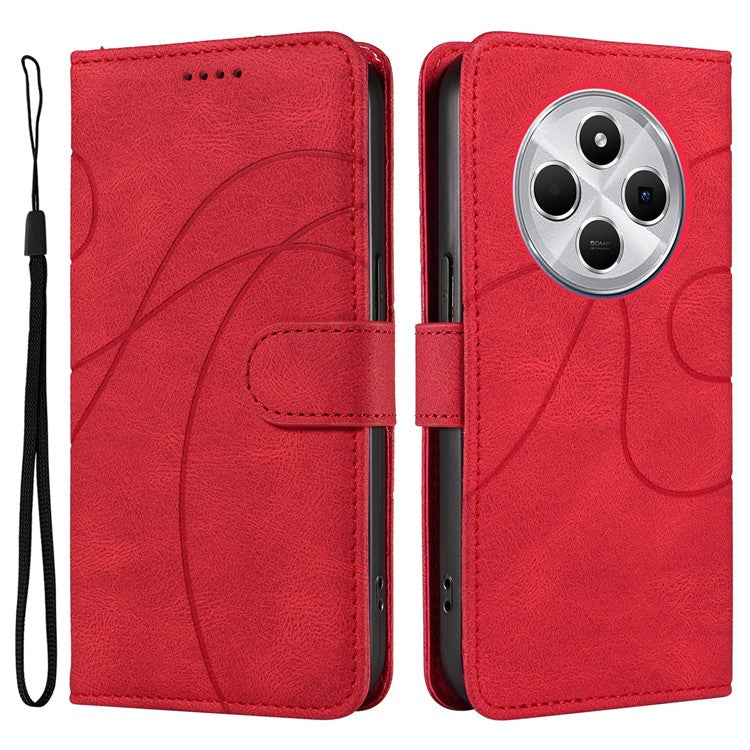 For Xiaomi Redmi 14C 4G Case Stand Wallet Leather Phone Cover Curved Line Wrist Strap - Red