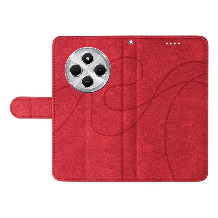 For Xiaomi Redmi 14C 4G Case Stand Wallet Leather Phone Cover Curved Line Wrist Strap - Red