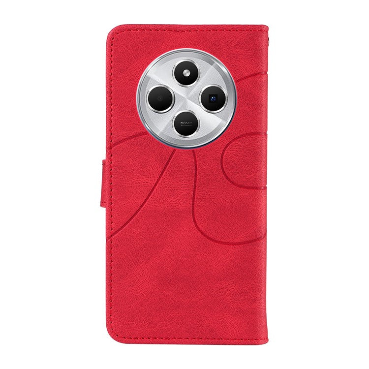 For Xiaomi Redmi 14C 4G Case Stand Wallet Leather Phone Cover Curved Line Wrist Strap - Red