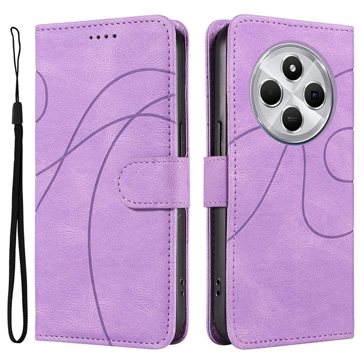 For Xiaomi Redmi 14C 4G Case Stand Wallet Leather Phone Cover Curved Line Wrist Strap - Purple