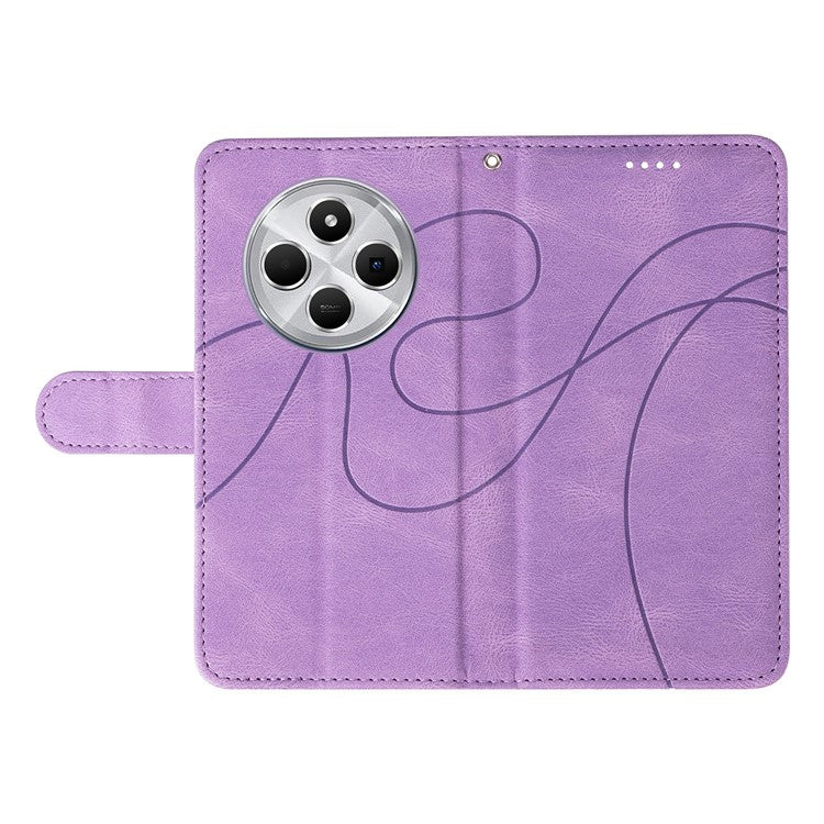 For Xiaomi Redmi 14C 4G Case Stand Wallet Leather Phone Cover Curved Line Wrist Strap - Purple