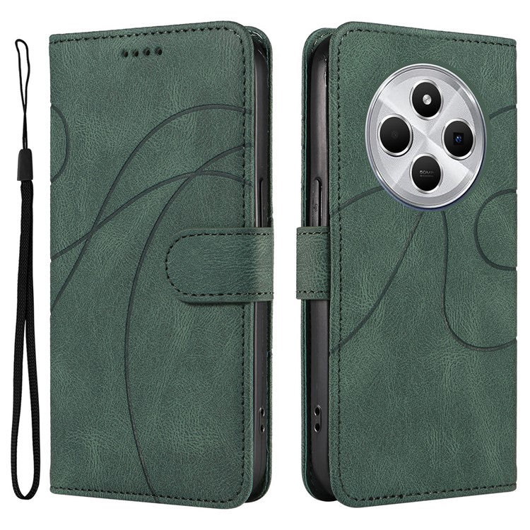 For Xiaomi Redmi 14C 4G Case Stand Wallet Leather Phone Cover Curved Line Wrist Strap - Green