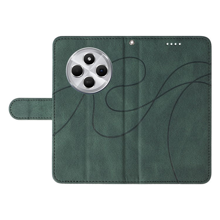 For Xiaomi Redmi 14C 4G Case Stand Wallet Leather Phone Cover Curved Line Wrist Strap - Green