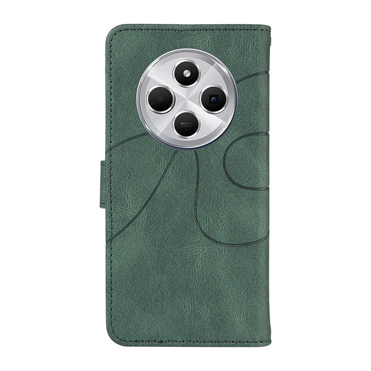 For Xiaomi Redmi 14C 4G Case Stand Wallet Leather Phone Cover Curved Line Wrist Strap - Green