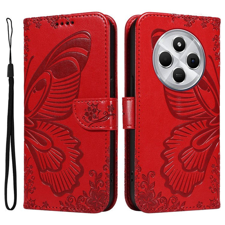 For Xiaomi Redmi 14C 4G Case Butterfly Pattern Leather Wallet Flip Phone Cover - Red