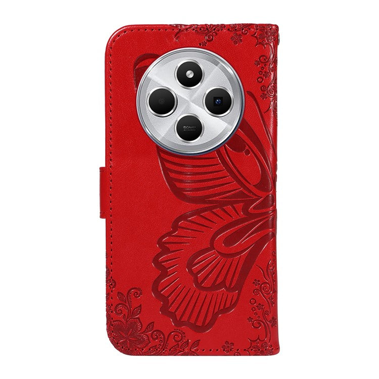 For Xiaomi Redmi 14C 4G Case Butterfly Pattern Leather Wallet Flip Phone Cover - Red