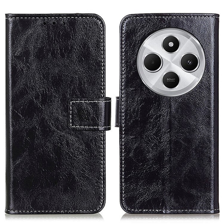 For Xiaomi Redmi 14C 4G Case Crazy Horse Texture Leather Phone Wallet Cover - Black