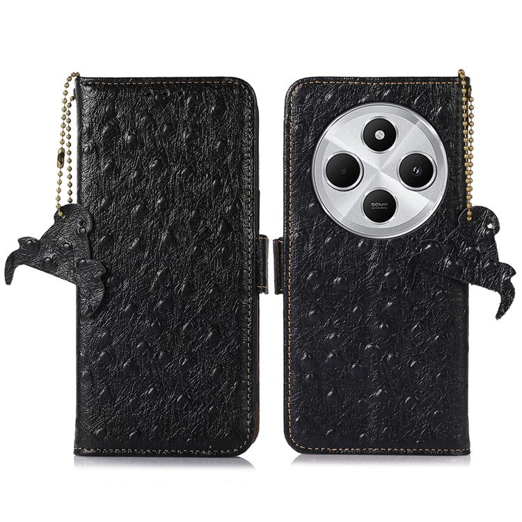 For Xiaomi Redmi 14C 4G Case RFID Blocking Genuine Cow Leather Phone Case Ostrich Texture - Black