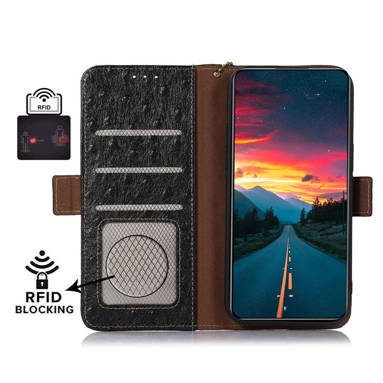 For Xiaomi Redmi 14C 4G Case RFID Blocking Genuine Cow Leather Phone Case Ostrich Texture - Black