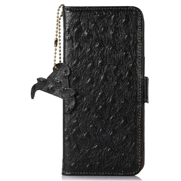 For Xiaomi Redmi 14C 4G Case RFID Blocking Genuine Cow Leather Phone Case Ostrich Texture - Black