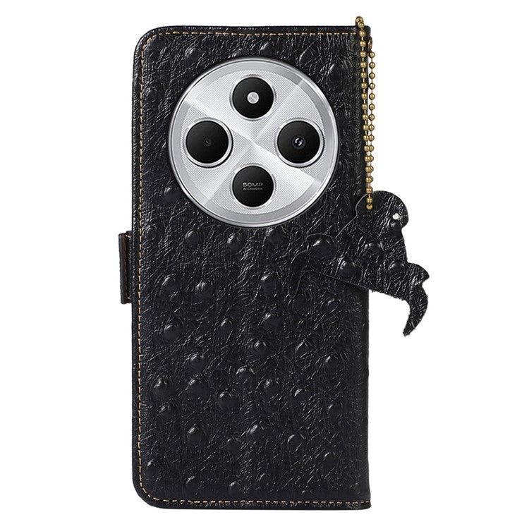 For Xiaomi Redmi 14C 4G Case RFID Blocking Genuine Cow Leather Phone Case Ostrich Texture - Black