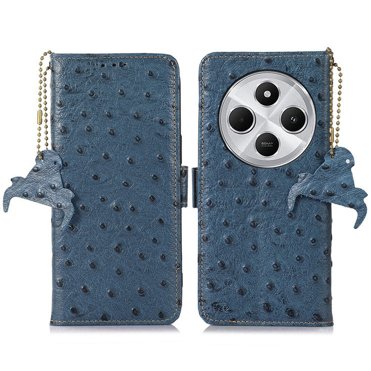 For Xiaomi Redmi 14C 4G Case RFID Blocking Genuine Cow Leather Phone Case Ostrich Texture - Blue