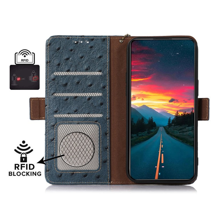 For Xiaomi Redmi 14C 4G Case RFID Blocking Genuine Cow Leather Phone Case Ostrich Texture - Blue