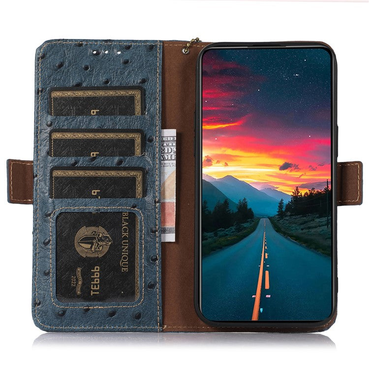 For Xiaomi Redmi 14C 4G Case RFID Blocking Genuine Cow Leather Phone Case Ostrich Texture - Blue