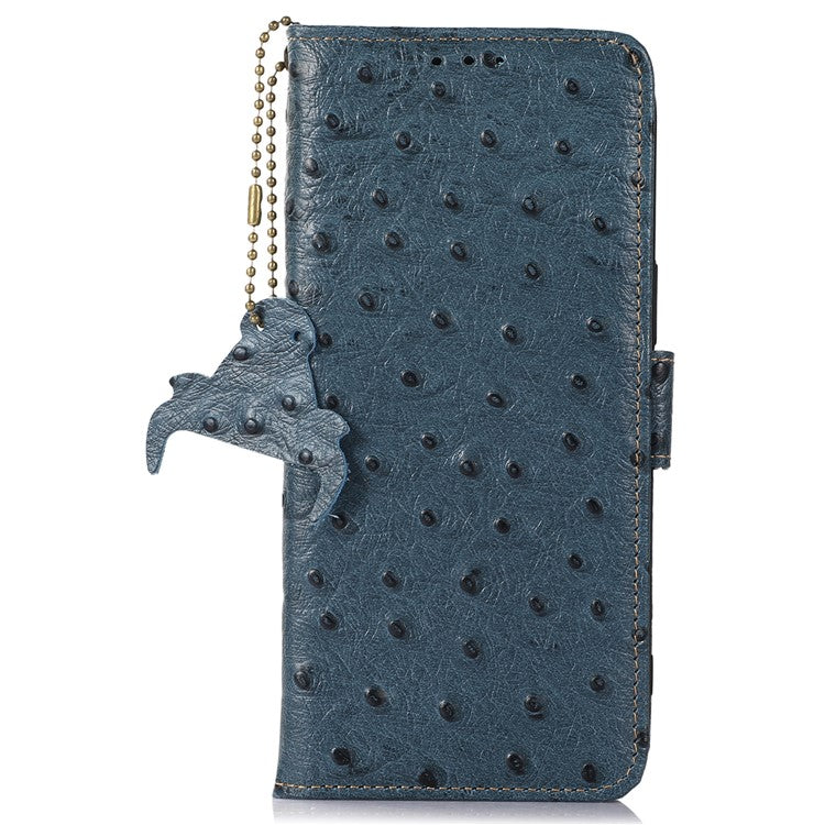 For Xiaomi Redmi 14C 4G Case RFID Blocking Genuine Cow Leather Phone Case Ostrich Texture - Blue