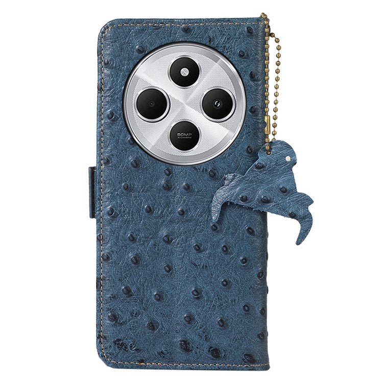 For Xiaomi Redmi 14C 4G Case RFID Blocking Genuine Cow Leather Phone Case Ostrich Texture - Blue