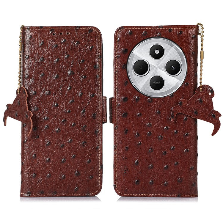 For Xiaomi Redmi 14C 4G Case RFID Blocking Genuine Cow Leather Phone Case Ostrich Texture - Coffee