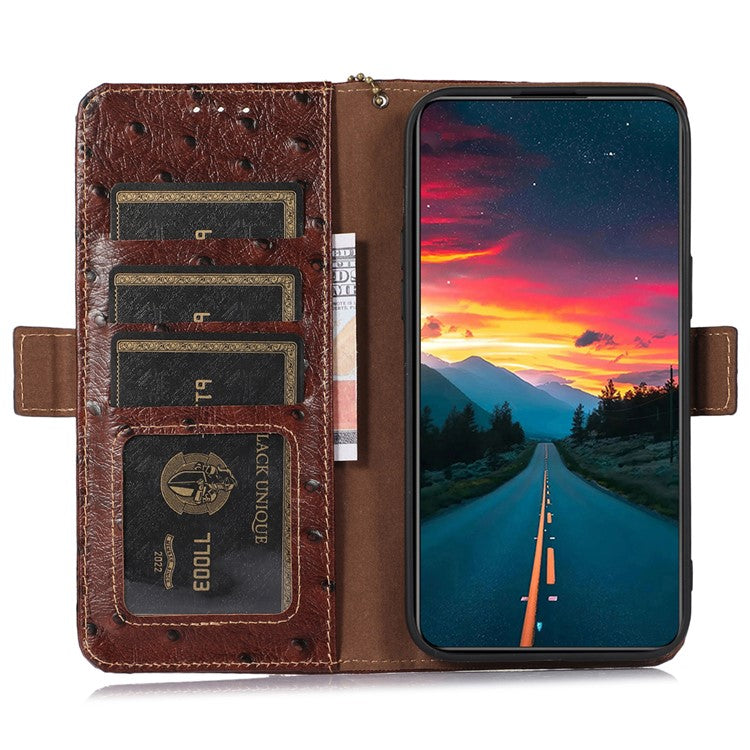 For Xiaomi Redmi 14C 4G Case RFID Blocking Genuine Cow Leather Phone Case Ostrich Texture - Coffee