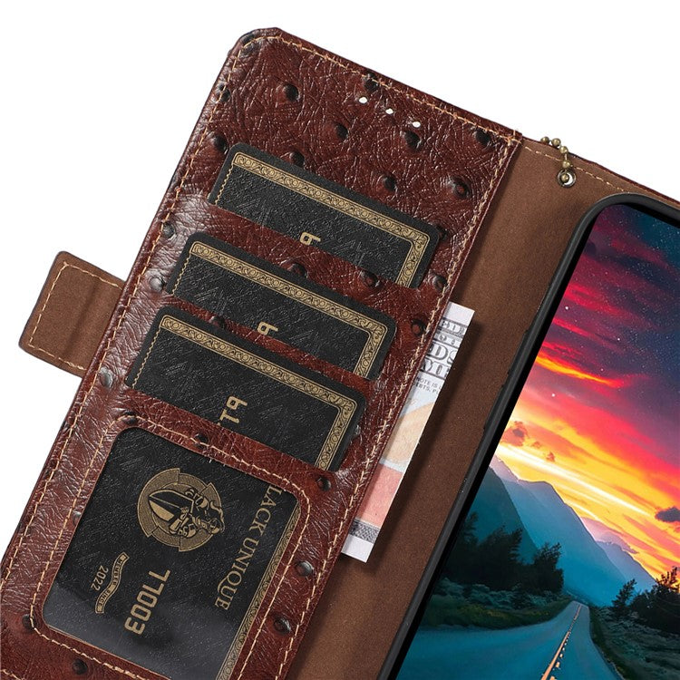 For Xiaomi Redmi 14C 4G Case RFID Blocking Genuine Cow Leather Phone Case Ostrich Texture - Coffee