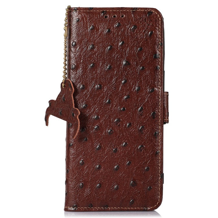 For Xiaomi Redmi 14C 4G Case RFID Blocking Genuine Cow Leather Phone Case Ostrich Texture - Coffee