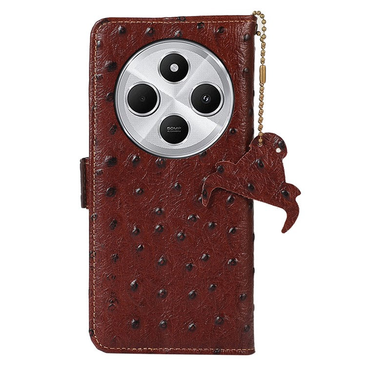 For Xiaomi Redmi 14C 4G Case RFID Blocking Genuine Cow Leather Phone Case Ostrich Texture - Coffee