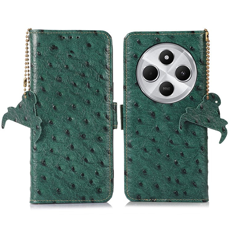 For Xiaomi Redmi 14C 4G Case RFID Blocking Genuine Cow Leather Phone Case Ostrich Texture - Green