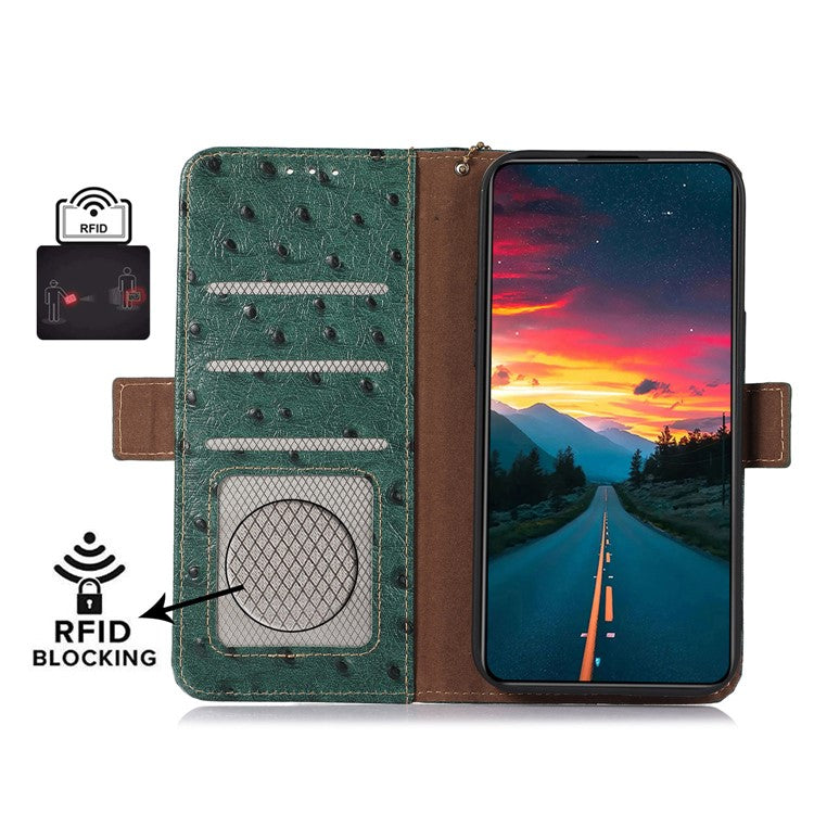 For Xiaomi Redmi 14C 4G Case RFID Blocking Genuine Cow Leather Phone Case Ostrich Texture - Green