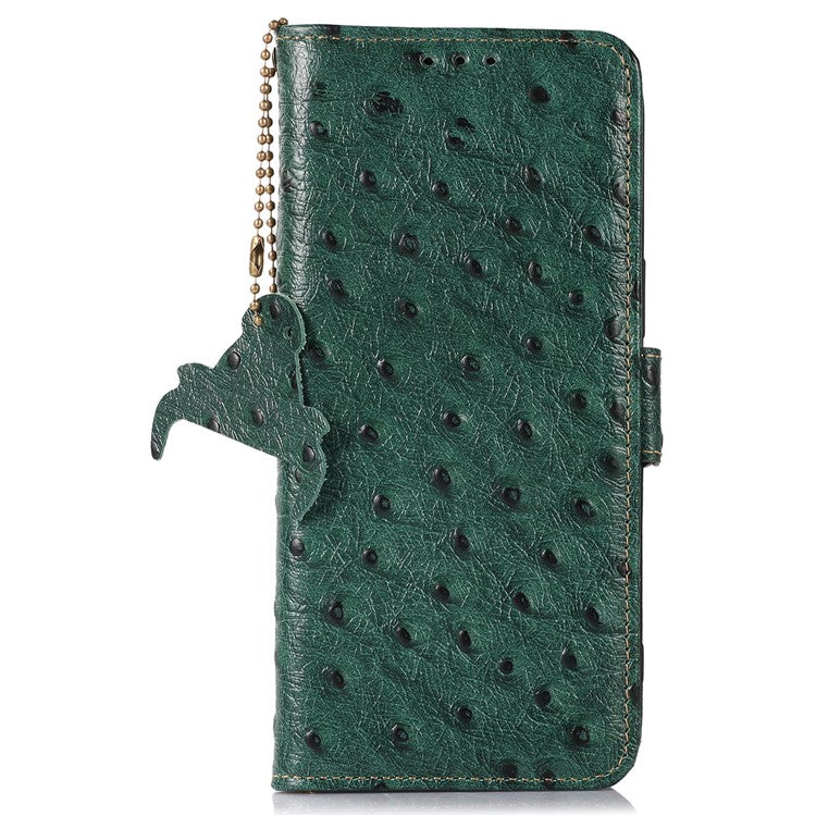 For Xiaomi Redmi 14C 4G Case RFID Blocking Genuine Cow Leather Phone Case Ostrich Texture - Green