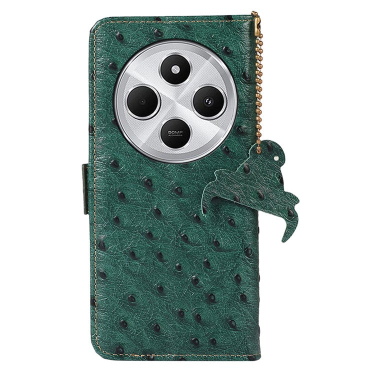 For Xiaomi Redmi 14C 4G Case RFID Blocking Genuine Cow Leather Phone Case Ostrich Texture - Green