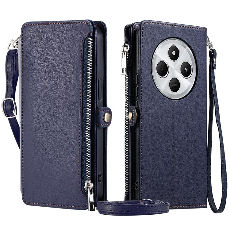 015 Style For Xiaomi Poco C75 4G / Redmi 14R 5G / 14C 4G Case TPU+PU Leather Wallet Phone Cover with Straps - Blue