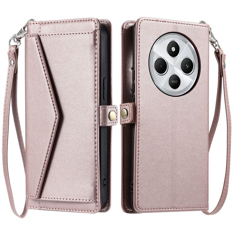 For Xiaomi Poco C75 4G / Redmi 14R 5G / 14C 4G Leather Case with Wrist Strap Wallet Stand Phone Cover - Rose Gold