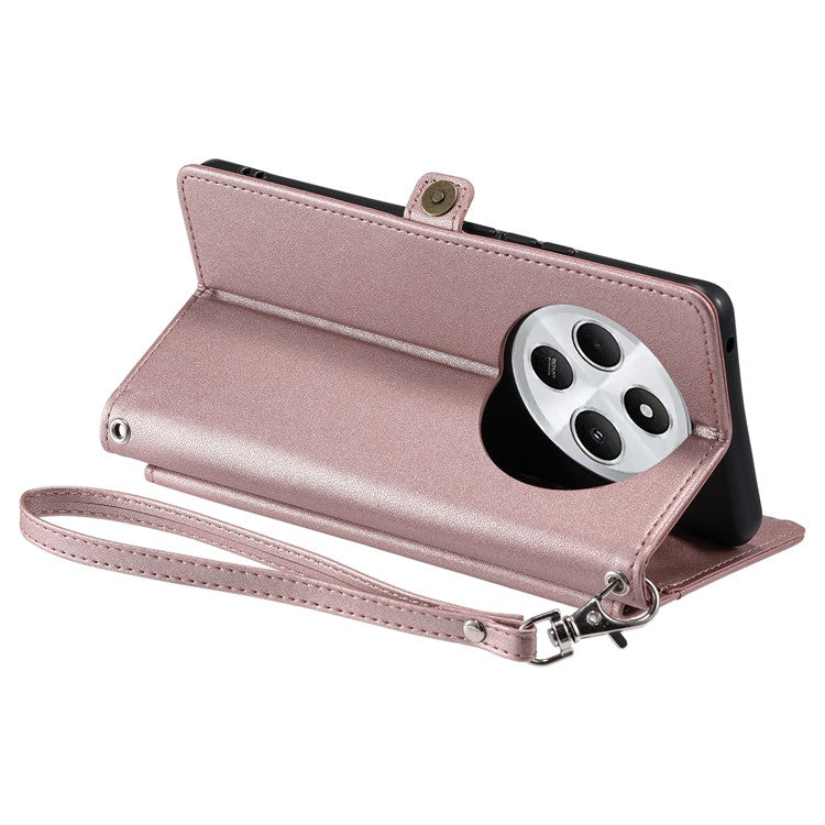 For Xiaomi Poco C75 4G / Redmi 14R 5G / 14C 4G Leather Case with Wrist Strap Wallet Stand Phone Cover - Rose Gold