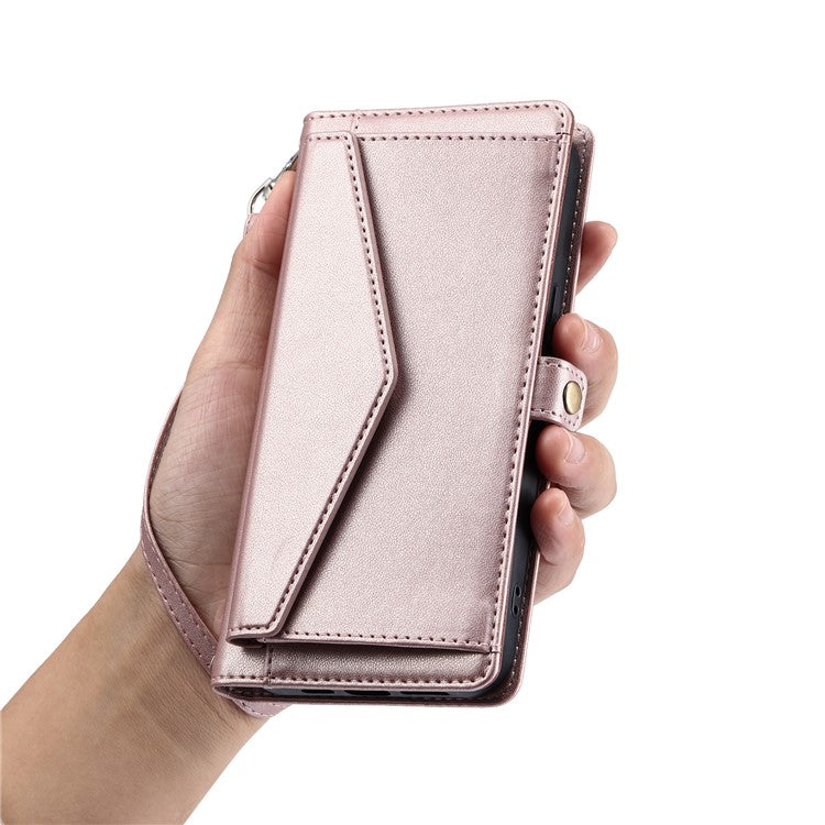 For Xiaomi Poco C75 4G / Redmi 14R 5G / 14C 4G Leather Case with Wrist Strap Wallet Stand Phone Cover - Rose Gold