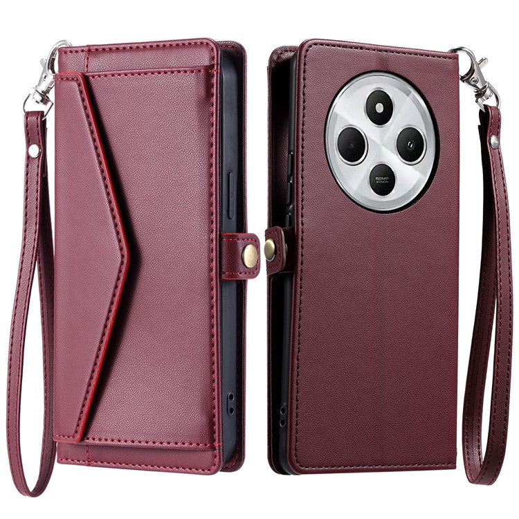 For Xiaomi Poco C75 4G / Redmi 14R 5G / 14C 4G Leather Case with Wrist Strap Wallet Stand Phone Cover - Wine Red