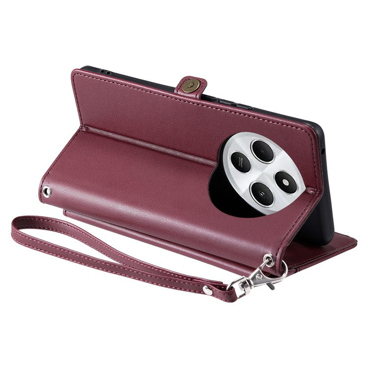 For Xiaomi Poco C75 4G / Redmi 14R 5G / 14C 4G Leather Case with Wrist Strap Wallet Stand Phone Cover - Wine Red