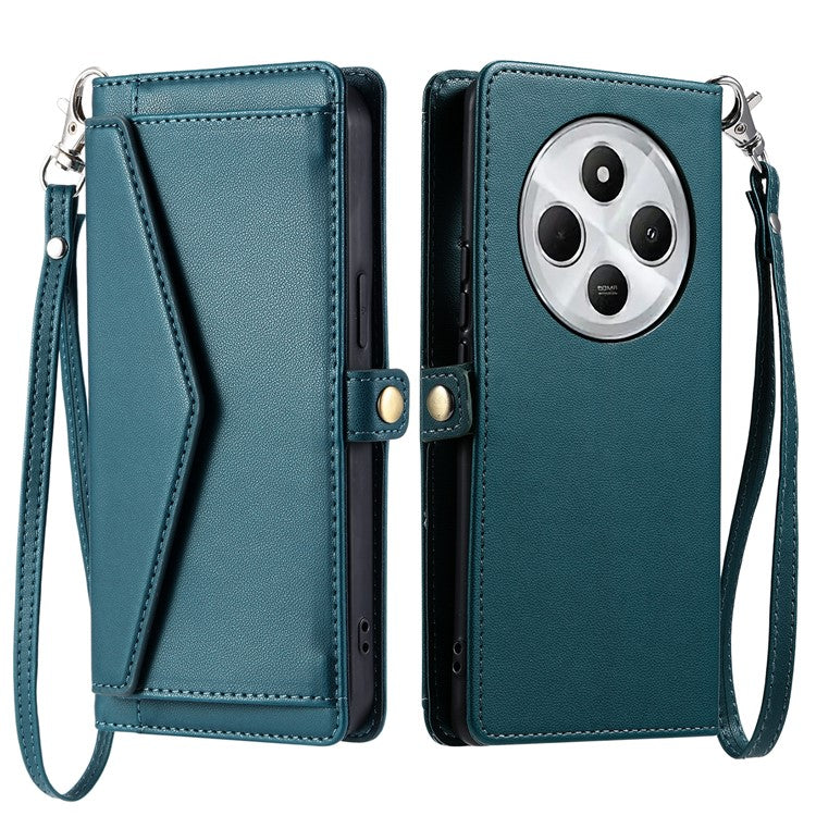 For Xiaomi Poco C75 4G / Redmi 14R 5G / 14C 4G Leather Case with Wrist Strap Wallet Stand Phone Cover - Blackish Green