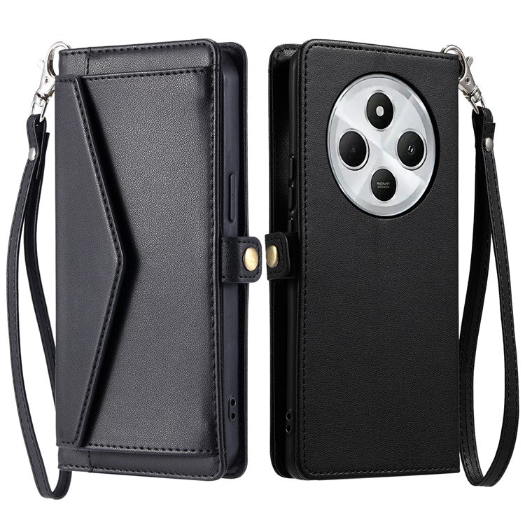 For Xiaomi Poco C75 4G / Redmi 14R 5G / 14C 4G Leather Case with Wrist Strap Wallet Stand Phone Cover - Black