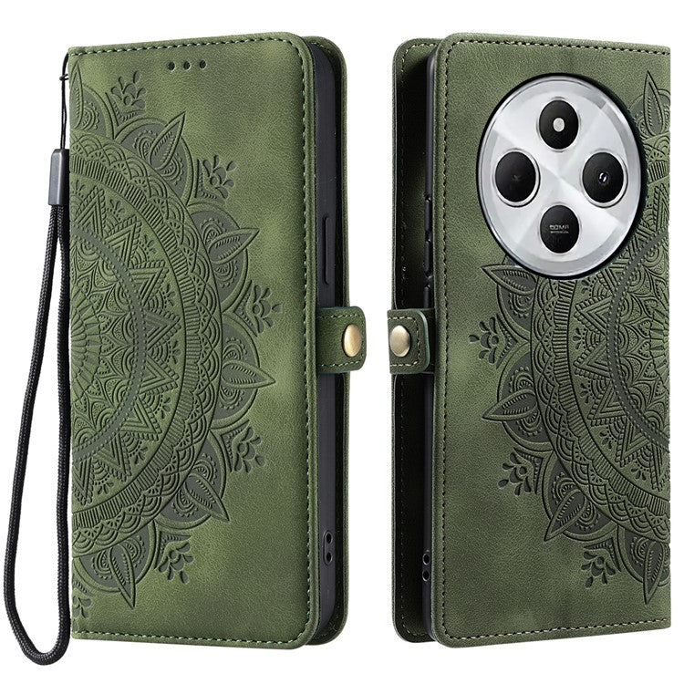 Style 016 For Xiaomi Poco C75 4G / Redmi 14R 5G / 14C 4G Case Skin Feel Totem Imprinted Wallet Leather Phone Cover - Blackish Green