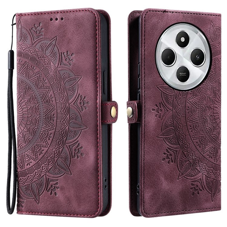 Style 016 For Xiaomi Poco C75 4G / Redmi 14R 5G / 14C 4G Case Skin Feel Totem Imprinted Wallet Leather Phone Cover - Wine Red