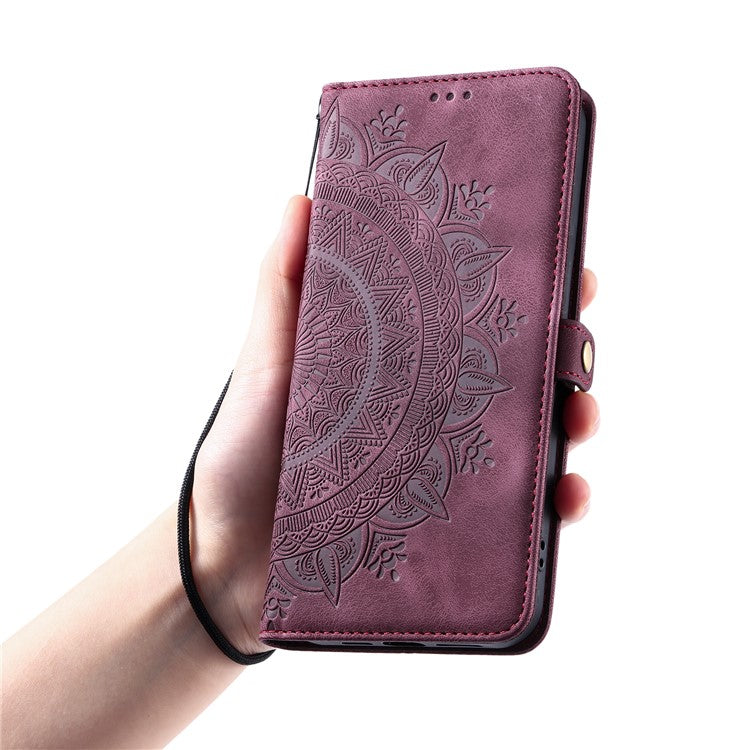 Style 016 For Xiaomi Poco C75 4G / Redmi 14R 5G / 14C 4G Case Skin Feel Totem Imprinted Wallet Leather Phone Cover - Wine Red